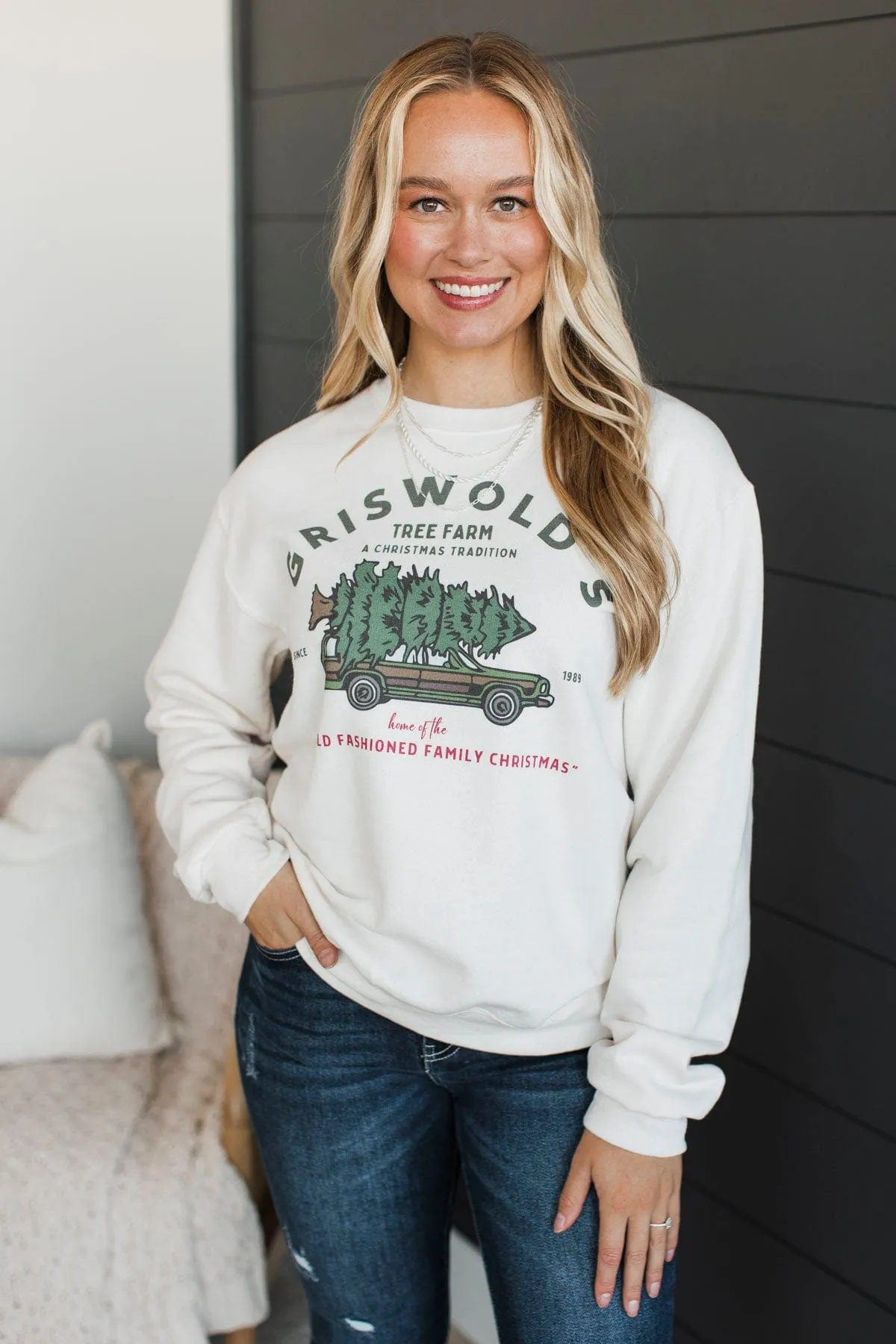 "Griswold's Tree Farm" Crew Neck Pullover- Cream