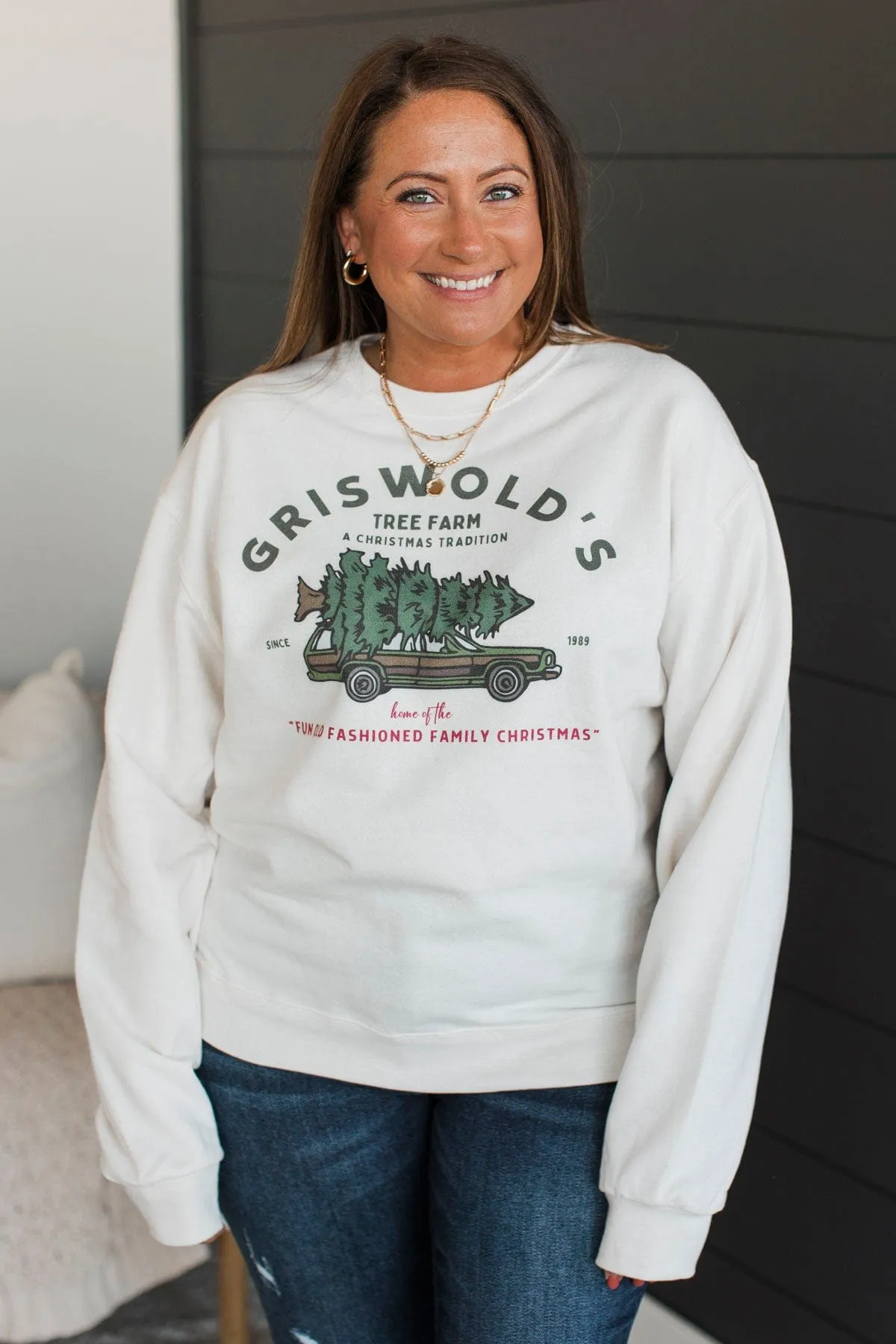 "Griswold's Tree Farm" Crew Neck Pullover- Cream