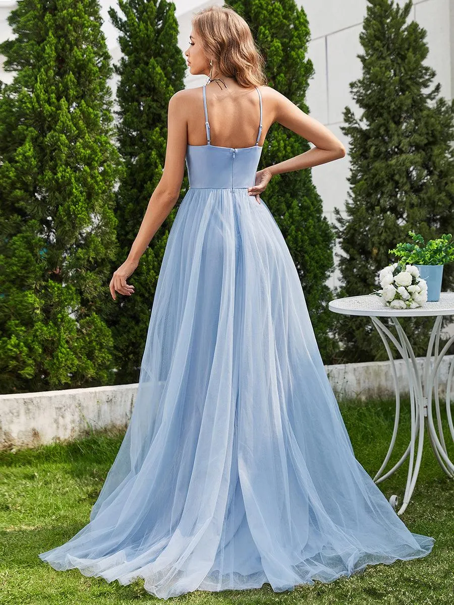 Robe de mariée trapèze en tulle à col licou avec appliques