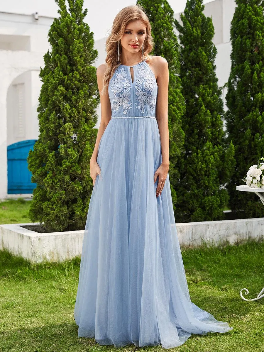 Robe de mariée trapèze en tulle à col licou avec appliques
