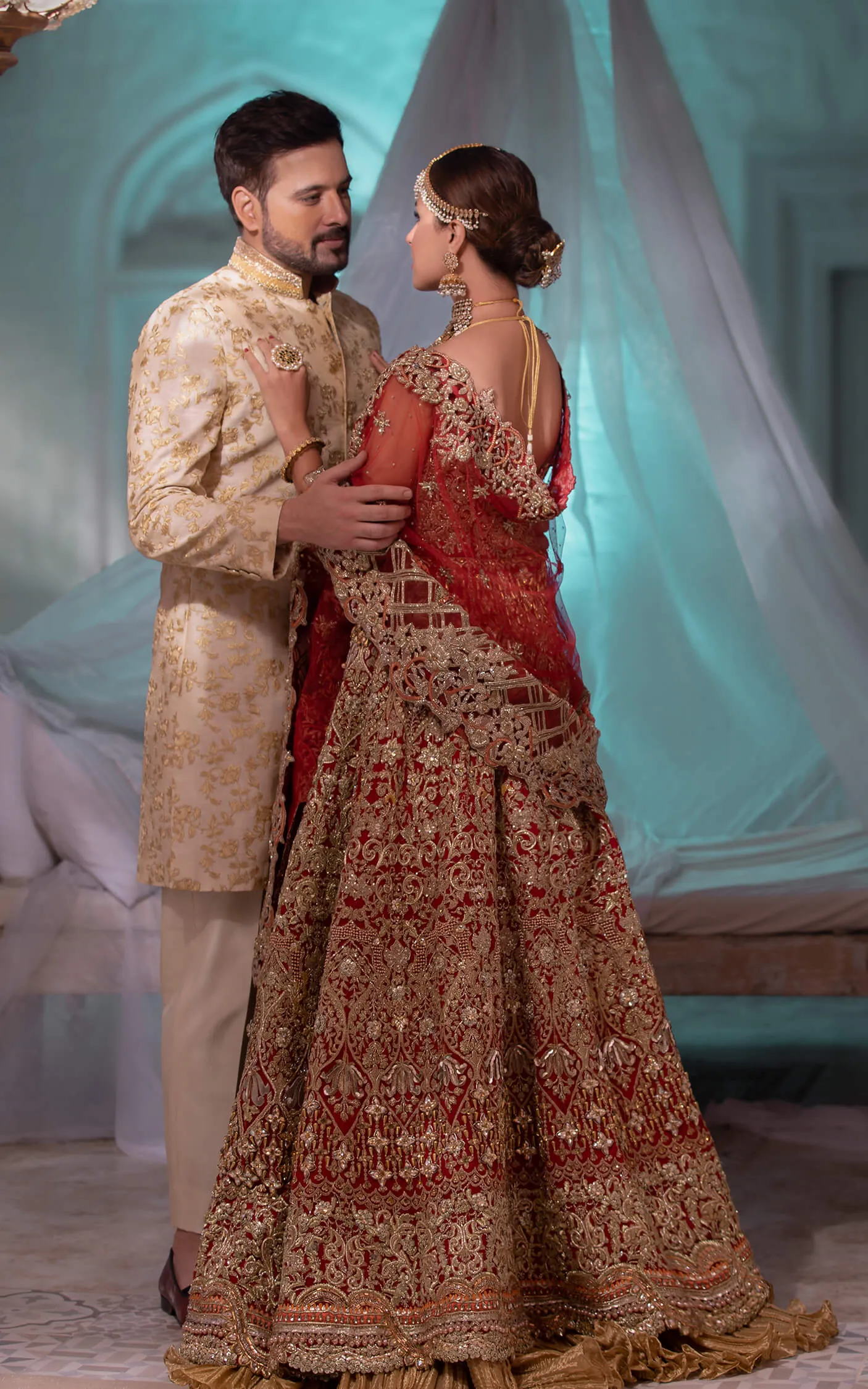 Royal Bridal Maxi with Embroidered Lehenga and Net Dupatta Traditional Deep Red and Golden Dress Pakistani #BS640