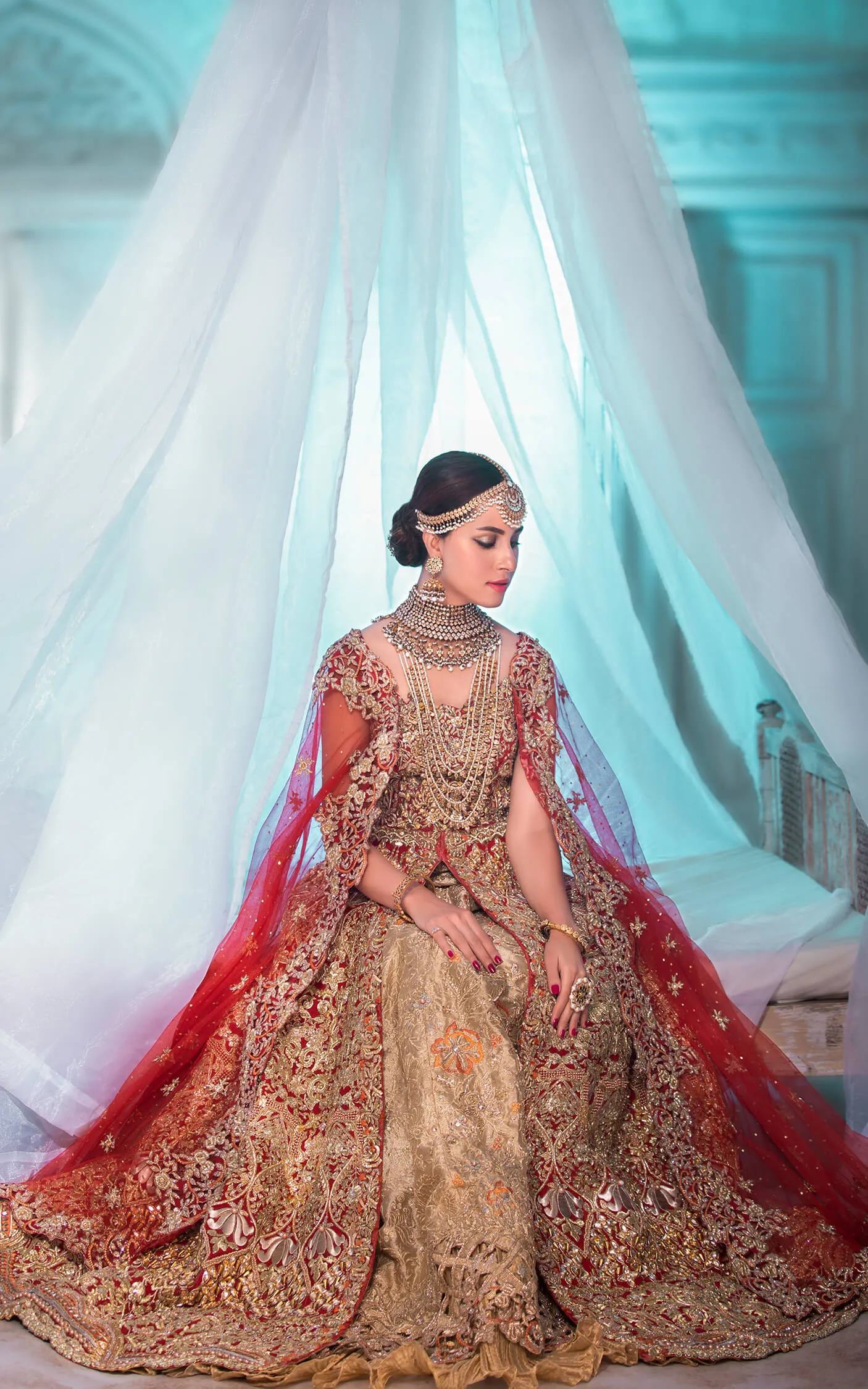 Royal Bridal Maxi with Embroidered Lehenga and Net Dupatta Traditional Deep Red and Golden Dress Pakistani #BS640