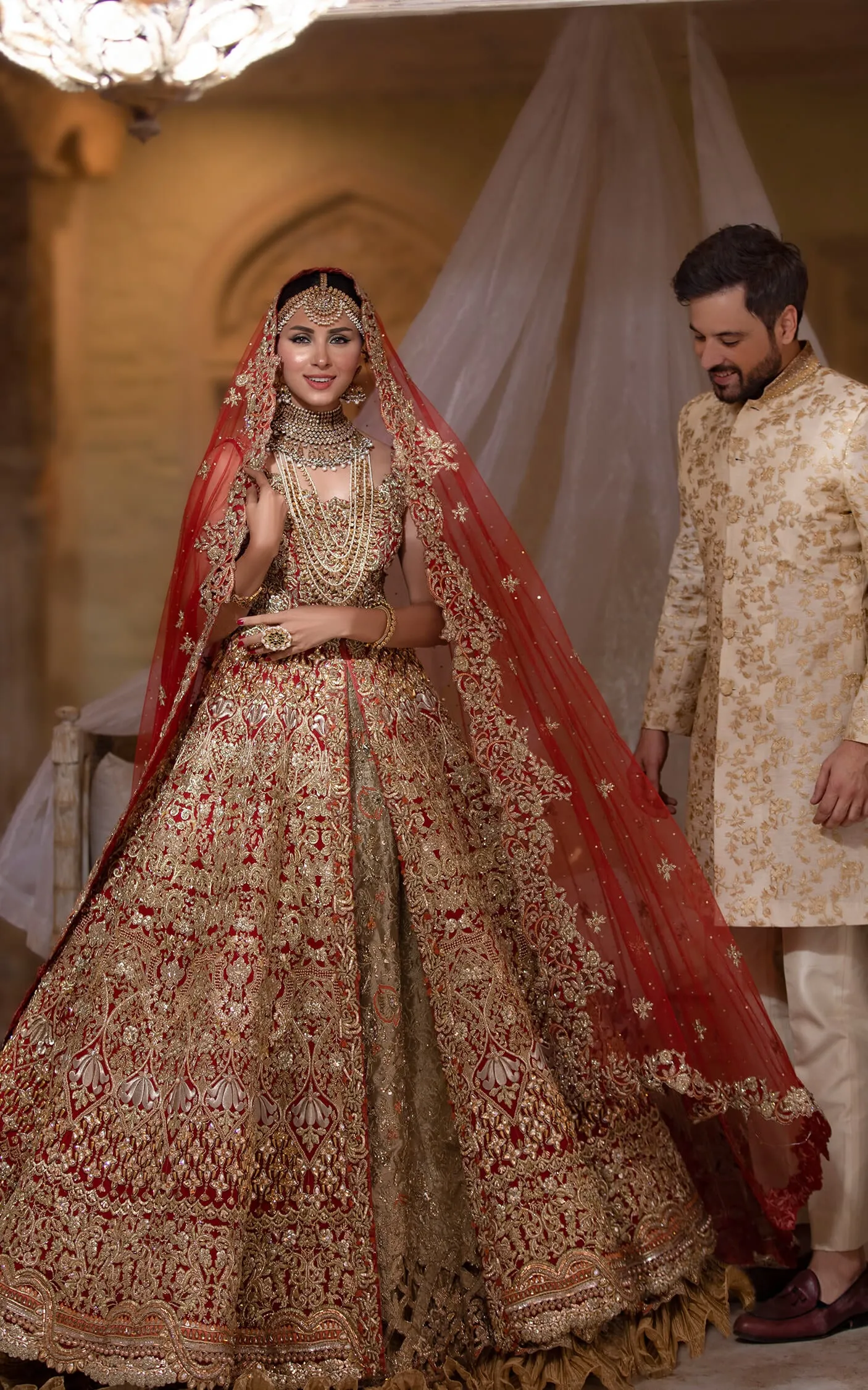 Royal Bridal Maxi with Embroidered Lehenga and Net Dupatta Traditional Deep Red and Golden Dress Pakistani #BS640