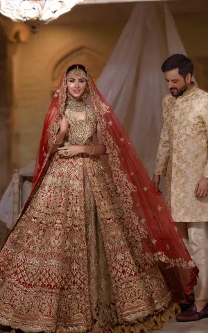 Royal Bridal Maxi with Embroidered Lehenga and Net Dupatta Traditional Deep Red and Golden Dress Pakistani #BS640