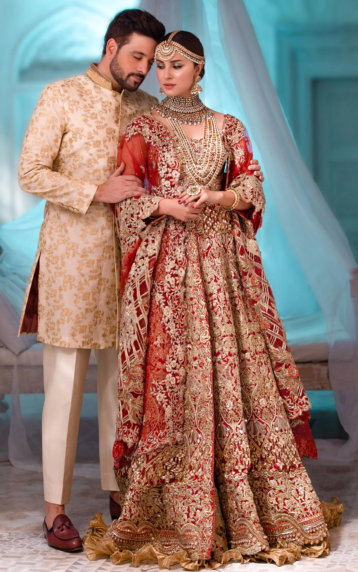 Royal Bridal Maxi with Embroidered Lehenga and Net Dupatta Traditional Deep Red and Golden Dress Pakistani #BS640