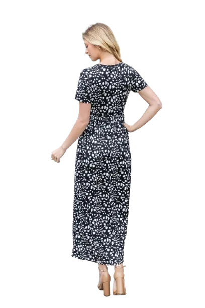 Short Sleeve Animal Print Elastic Waist Maxi Dress Black Off White - Pack of 6