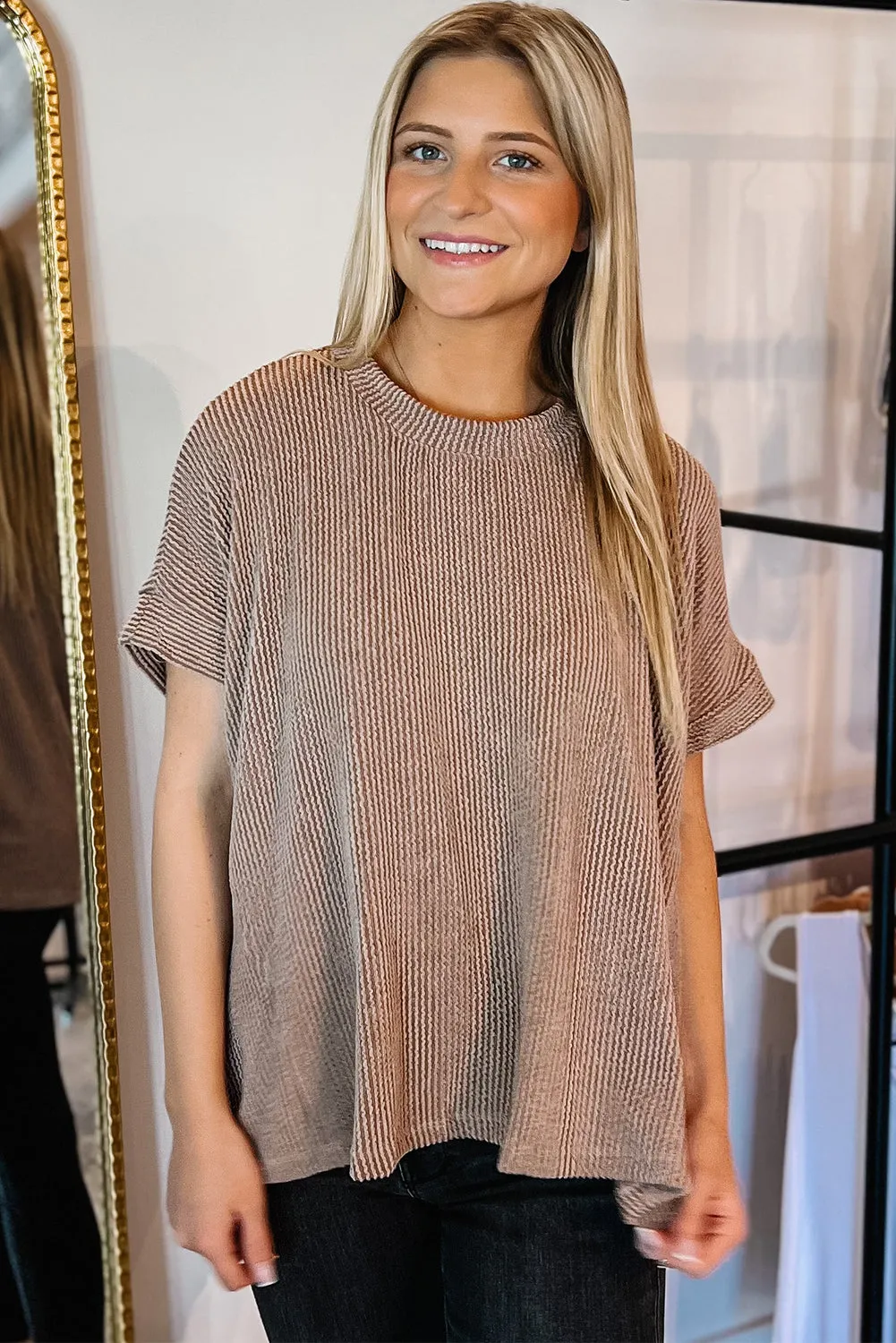 Smoke Gray Corded Round Neck Short Sleeve Top