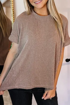 Smoke Gray Corded Round Neck Short Sleeve Top