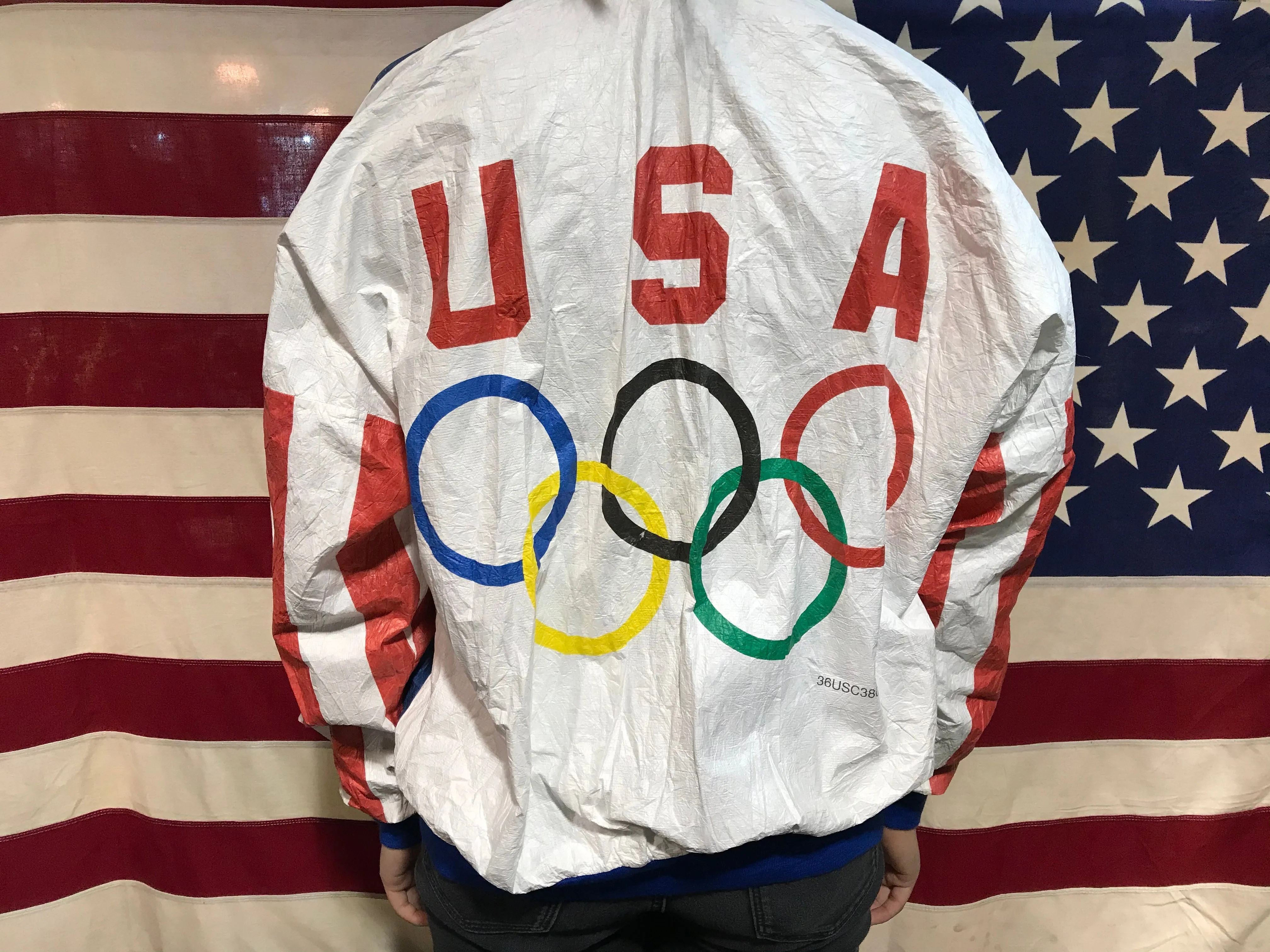 Team USA Vintage 90s Olympic USA Flag Pattern Bomber Jacket by Tyvek DuPont
