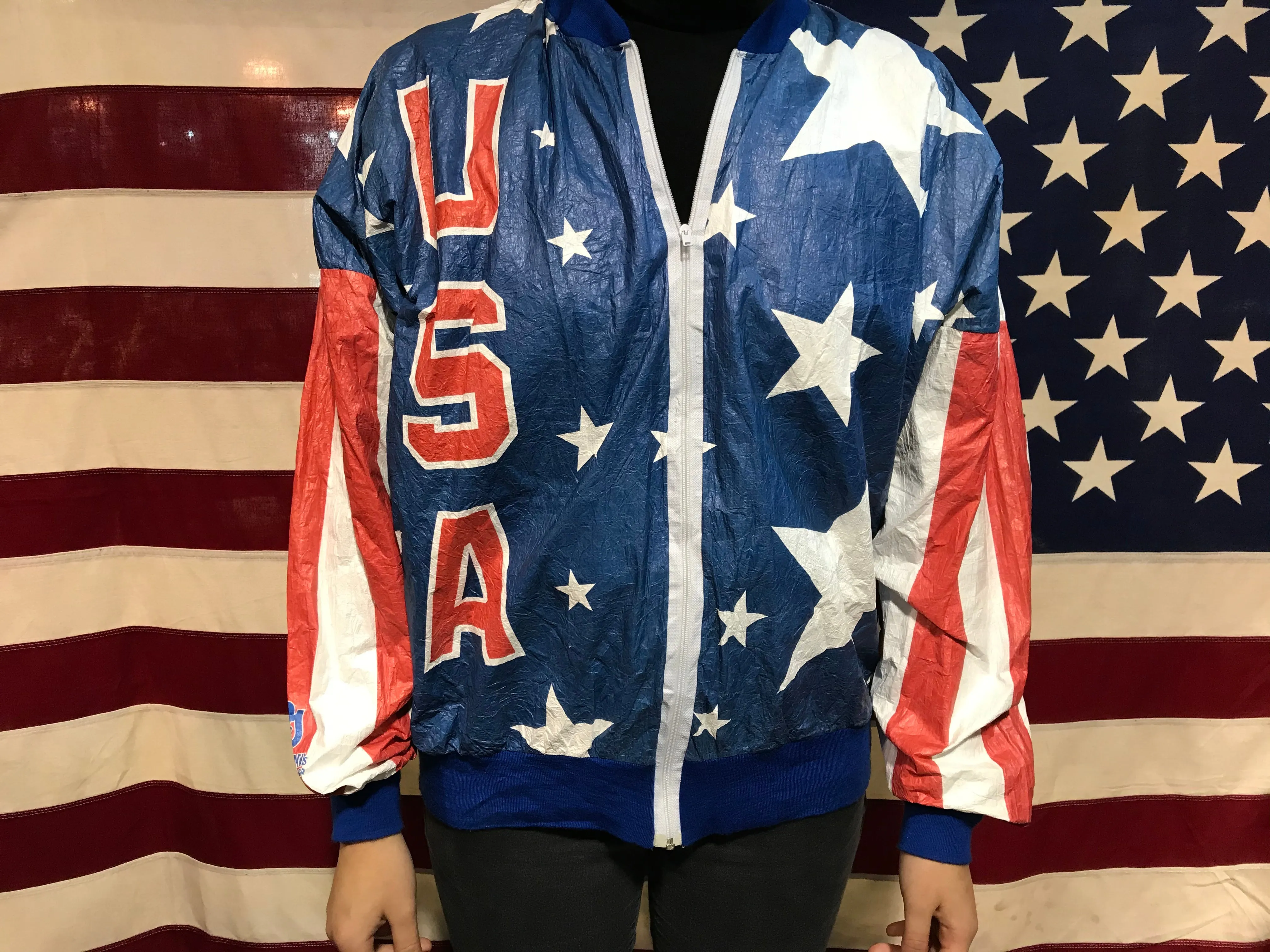 Team USA Vintage 90s Olympic USA Flag Pattern Bomber Jacket by Tyvek DuPont
