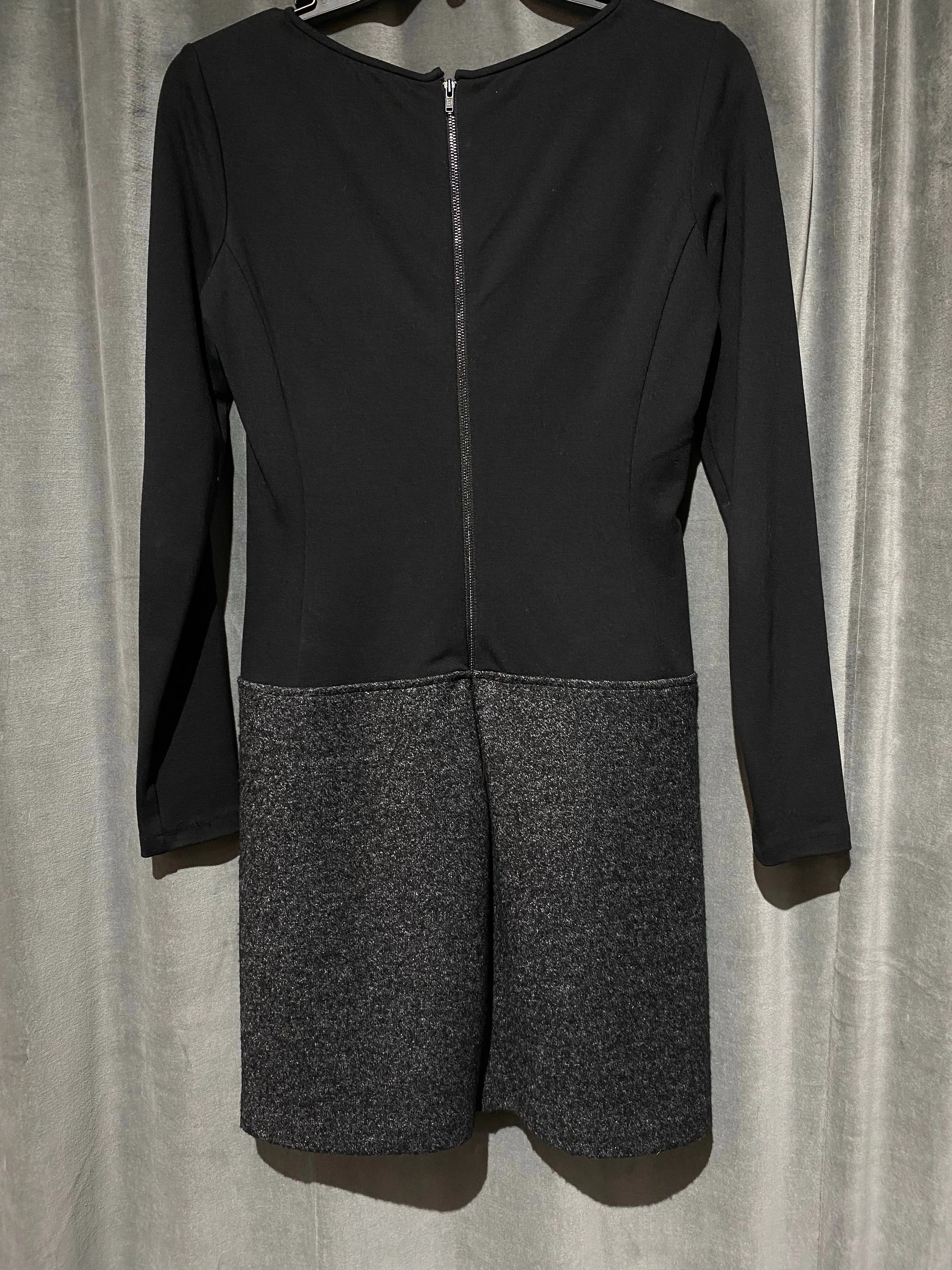 Theory Black Cotton Long Sleeve Dress with Attached Grey Wool Mini Skirt