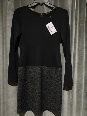 Theory Black Cotton Long Sleeve Dress with Attached Grey Wool Mini Skirt