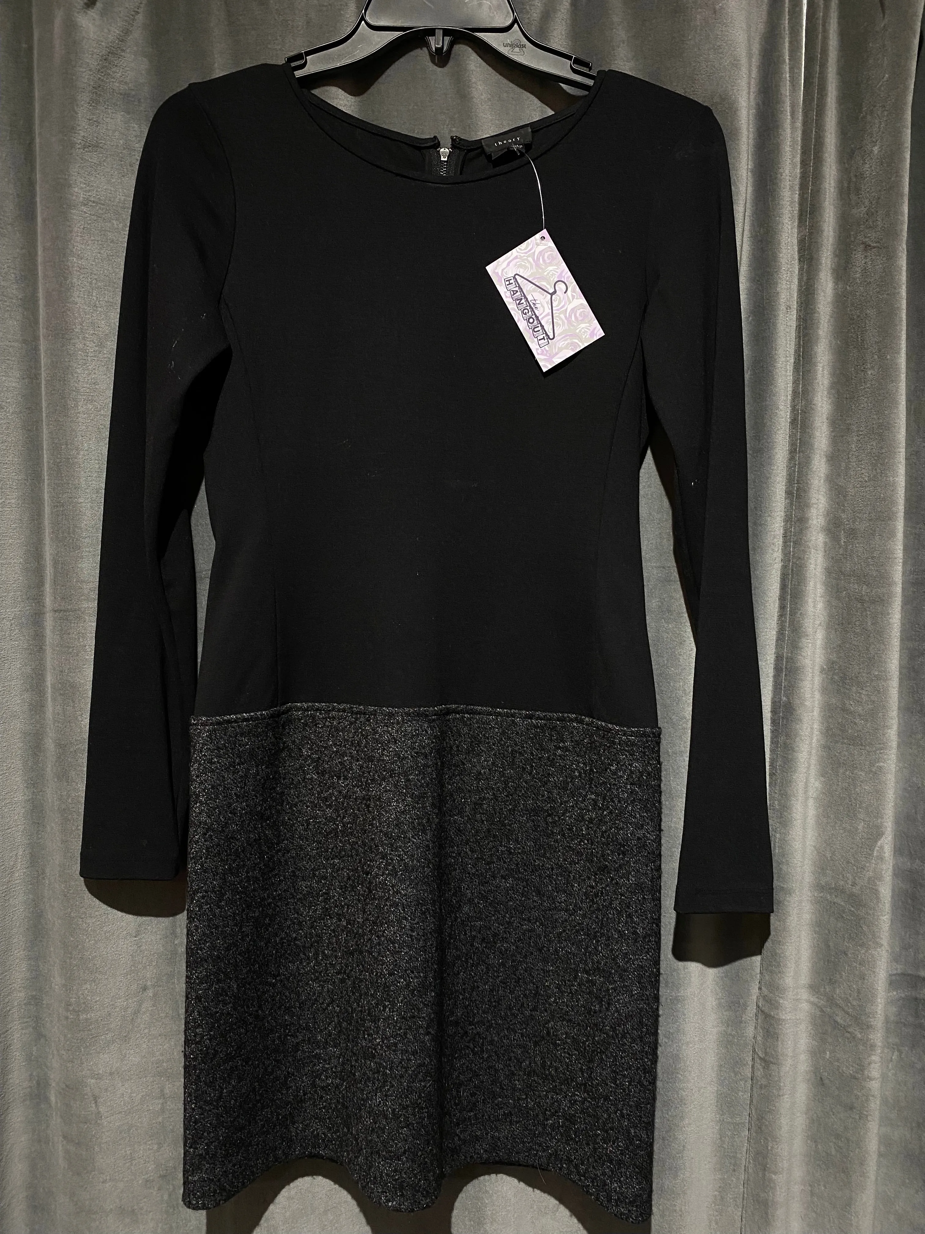 Theory Black Cotton Long Sleeve Dress with Attached Grey Wool Mini Skirt