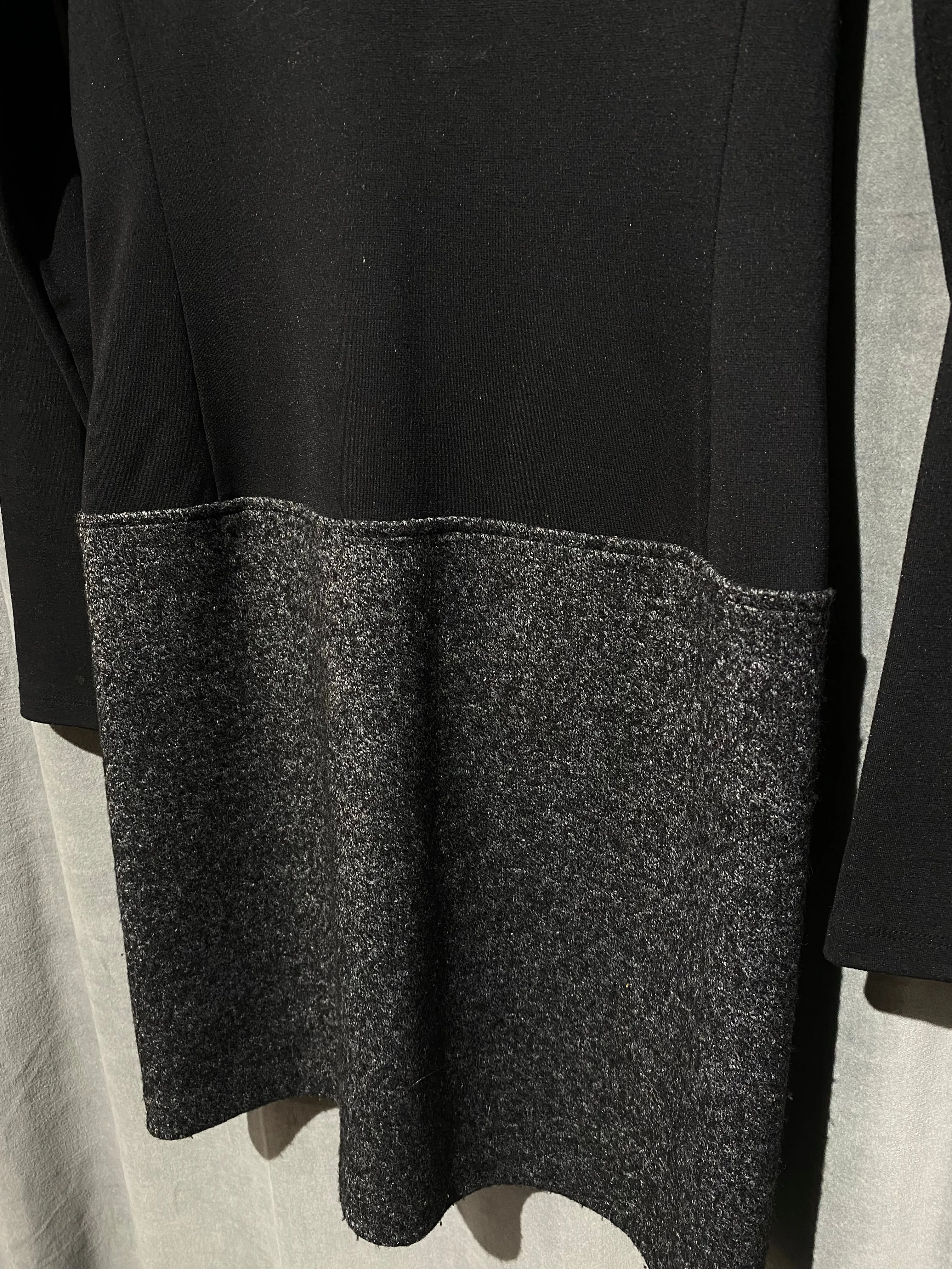 Theory Black Cotton Long Sleeve Dress with Attached Grey Wool Mini Skirt