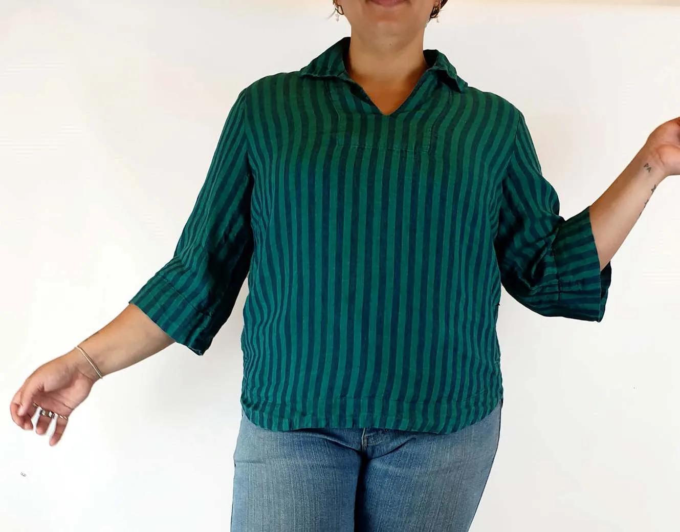 Trenery 100% linen green striped shirt size L