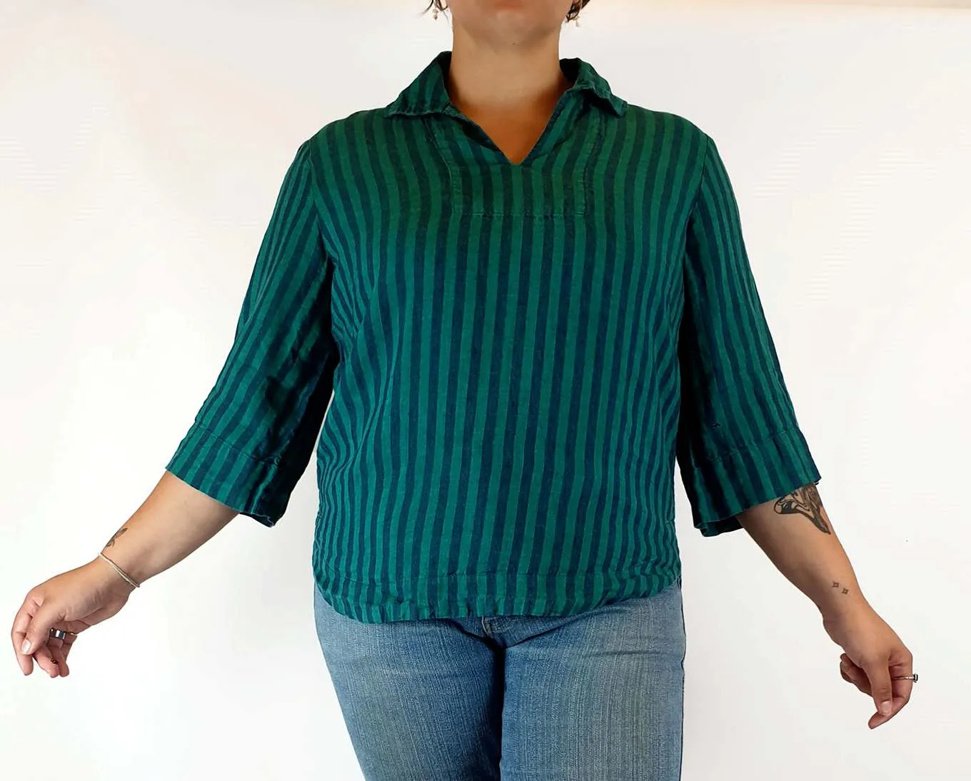 Trenery 100% linen green striped shirt size L