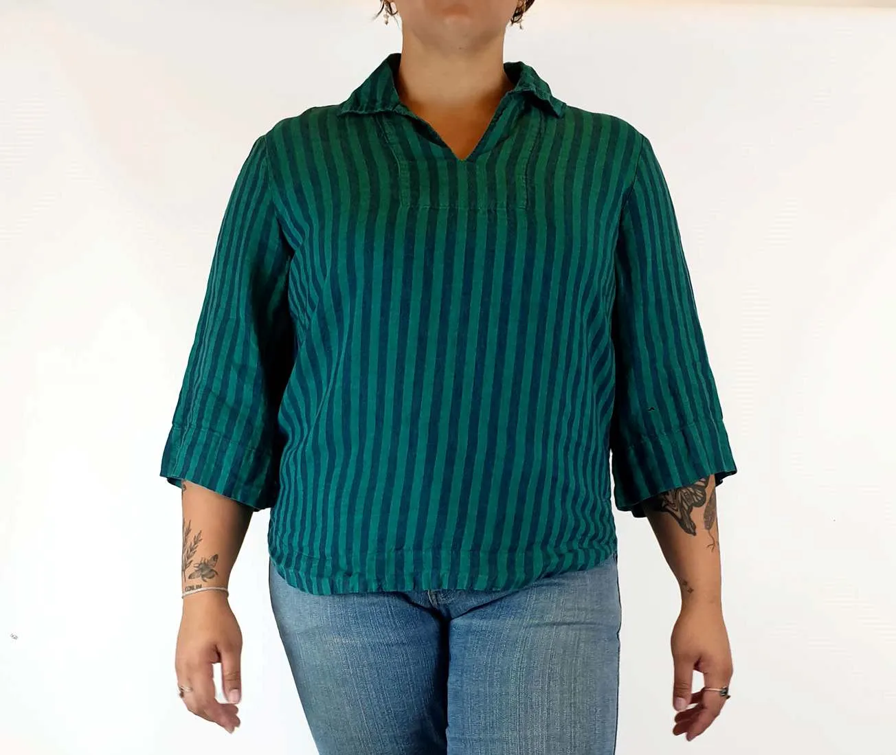Trenery 100% linen green striped shirt size L