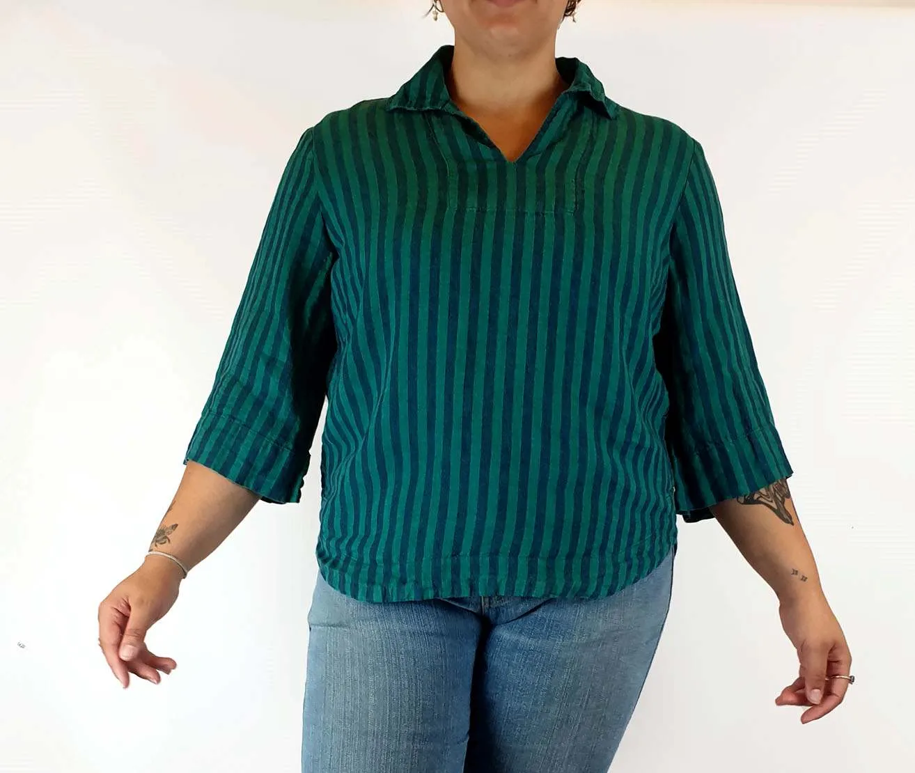 Trenery 100% linen green striped shirt size L