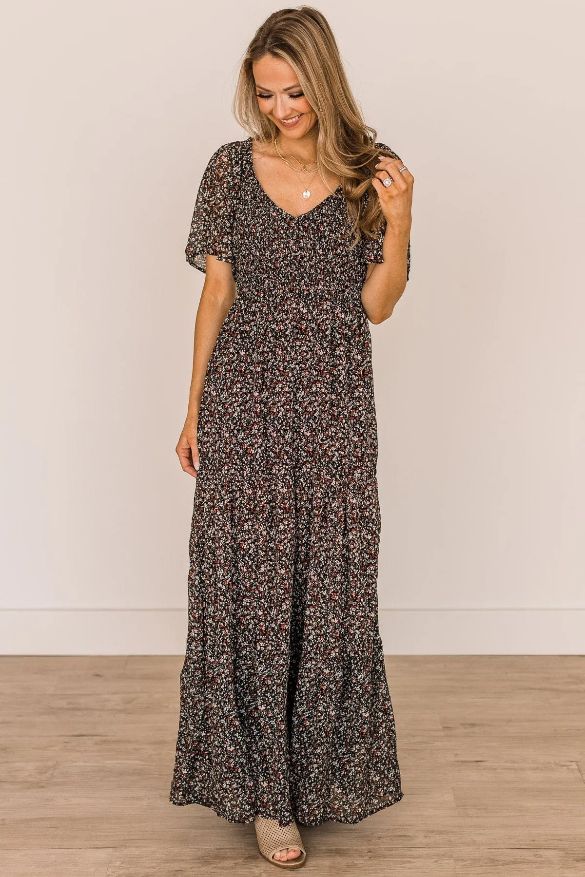 Unexpected Moments Floral Maxi Dress- Black