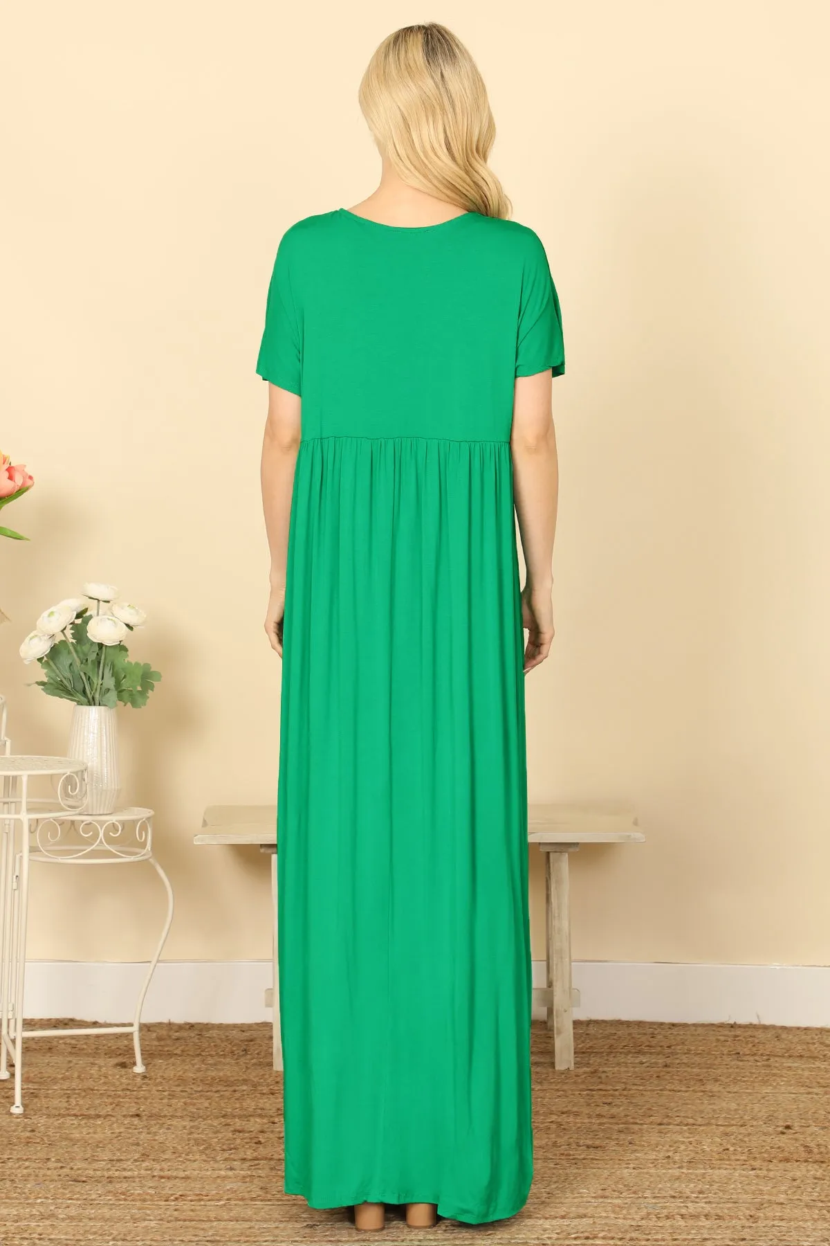 V-NECK SHORT SLEEVE PLEATED DETAIL SOLID MAXI DRESS