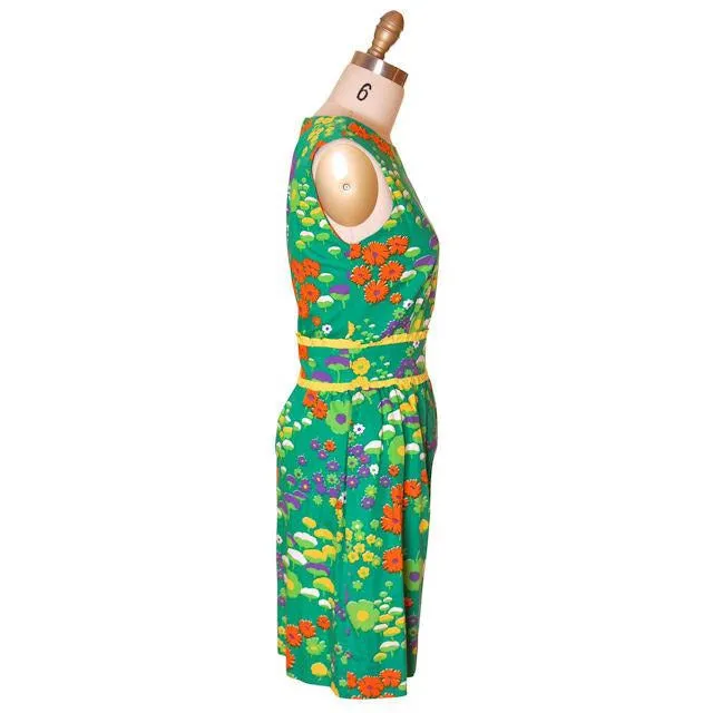Vintage Cotton Dress Green Stylized Floral Tanner 1960s 35-29-44