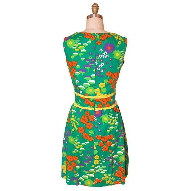 Vintage Cotton Dress Green Stylized Floral Tanner 1960s 35-29-44