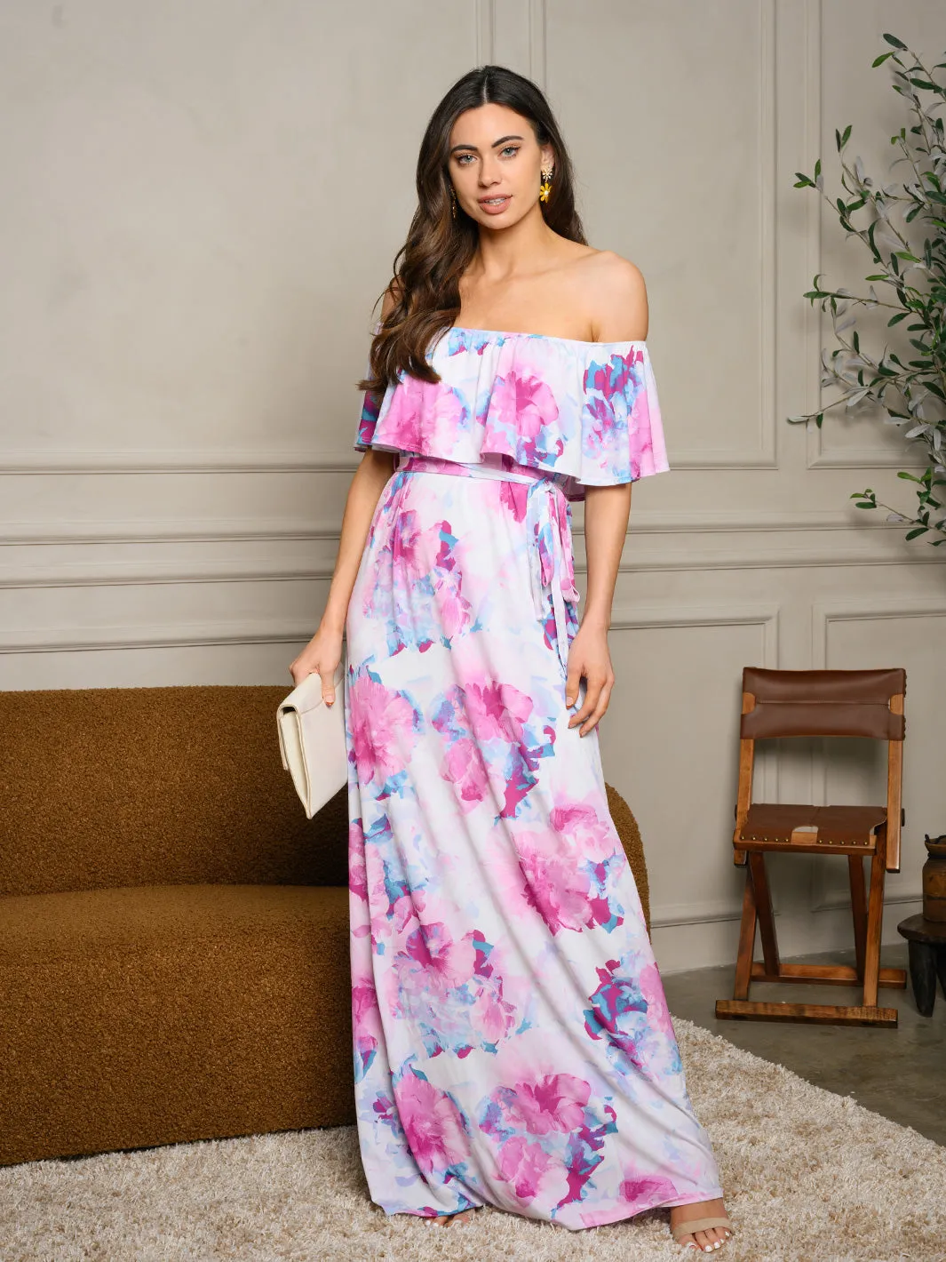 WOMEN'S OFF SHOULDER RUFFLE MAXI DRESS