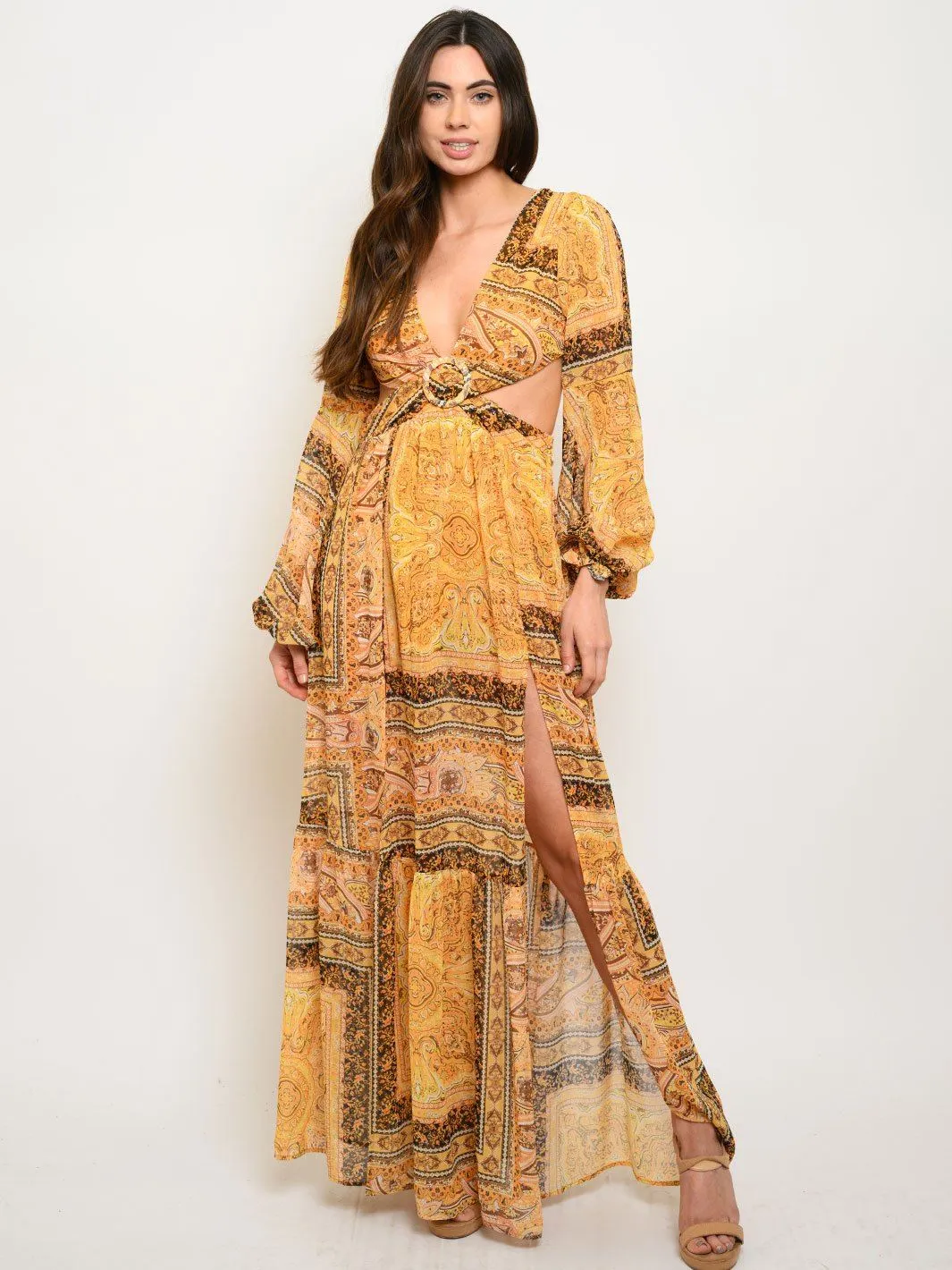 WOMEN'S PAISLEY BORDER CUTOUT MAXI DRESS