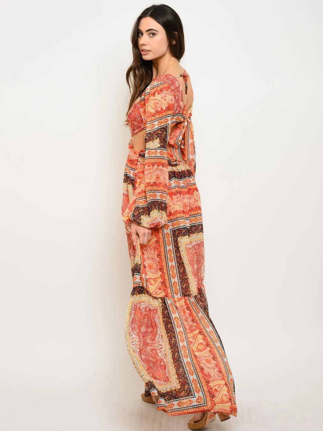 WOMEN'S PAISLEY BORDER CUTOUT MAXI DRESS