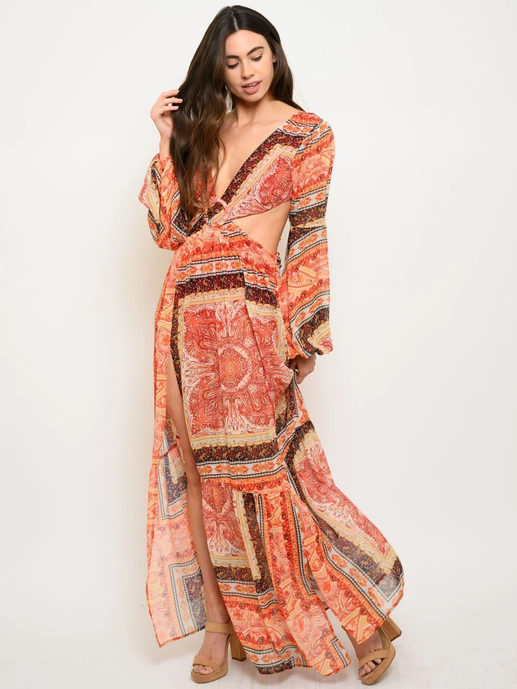 WOMEN'S PAISLEY BORDER CUTOUT MAXI DRESS