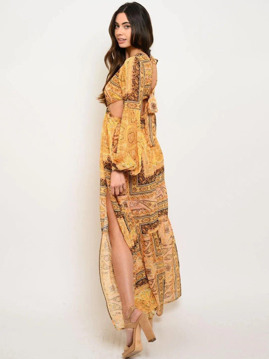 WOMEN'S PAISLEY BORDER CUTOUT MAXI DRESS