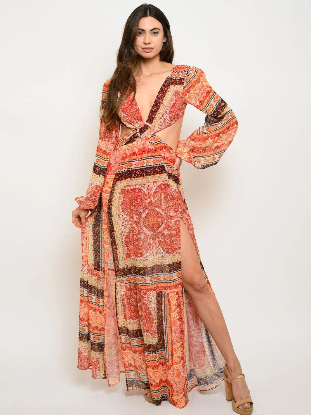 WOMEN'S PAISLEY BORDER CUTOUT MAXI DRESS