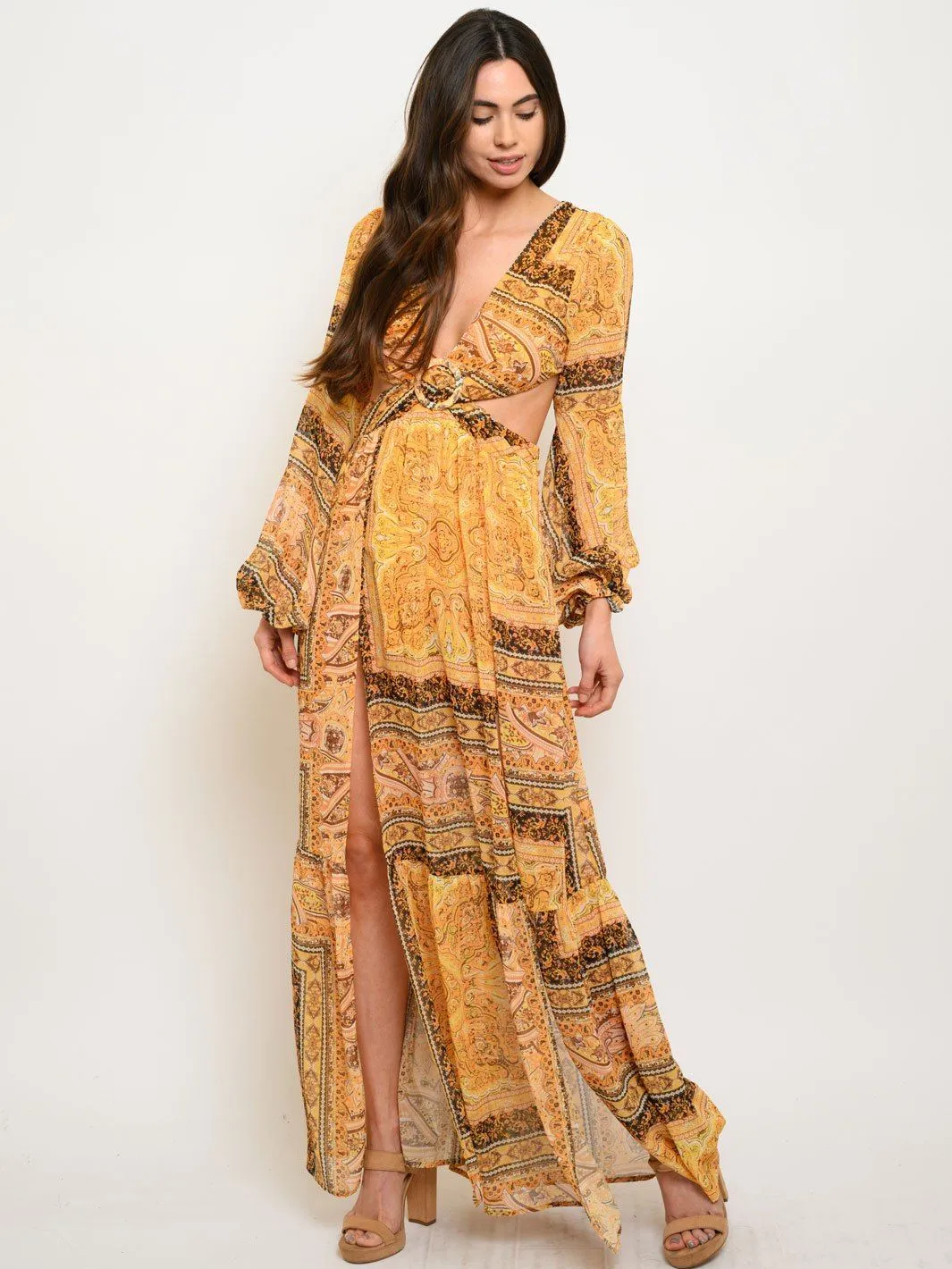 WOMEN'S PAISLEY BORDER CUTOUT MAXI DRESS