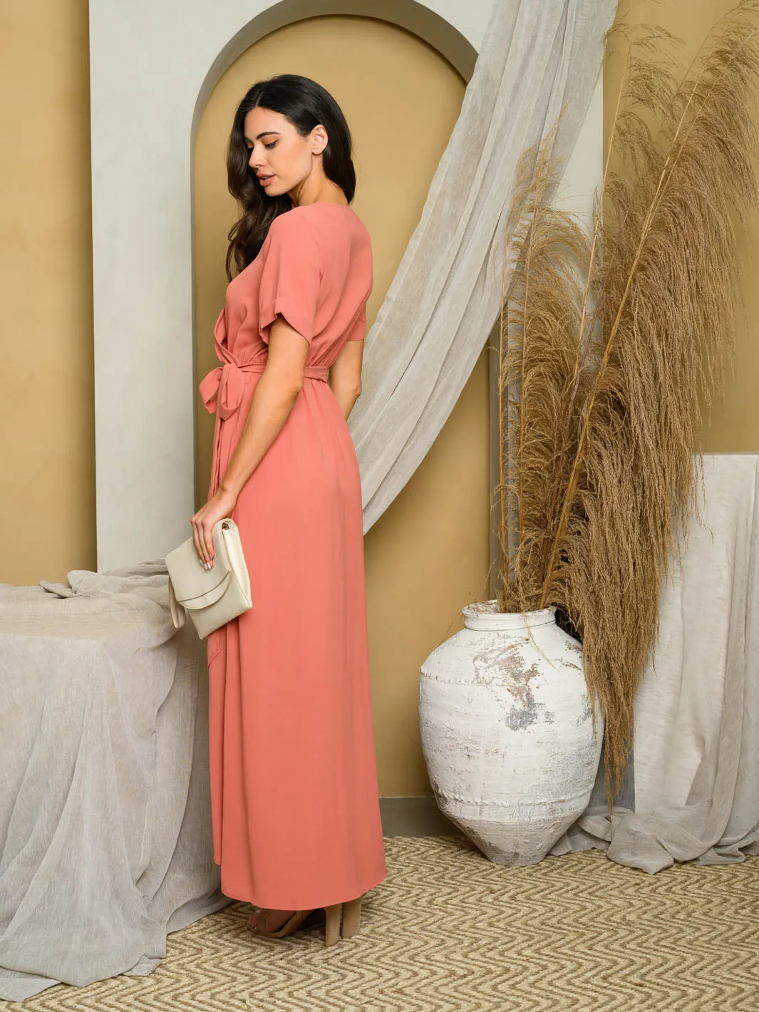 WOMEN'S SHORT SLEEVE SURPLICE MAXI DRESS