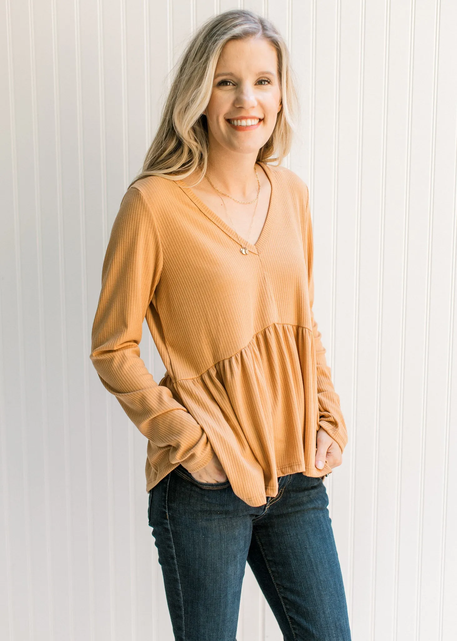 X Butterscotch Ribbed Neck Top