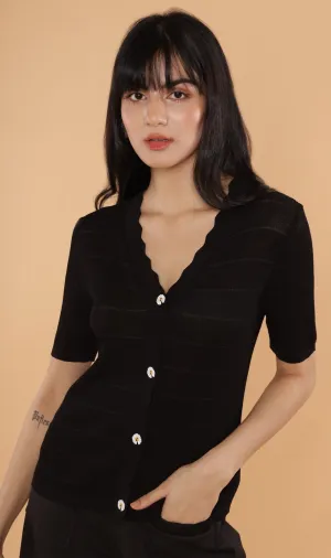 ZARIA Scalloped-Neck Knit Top (Black)