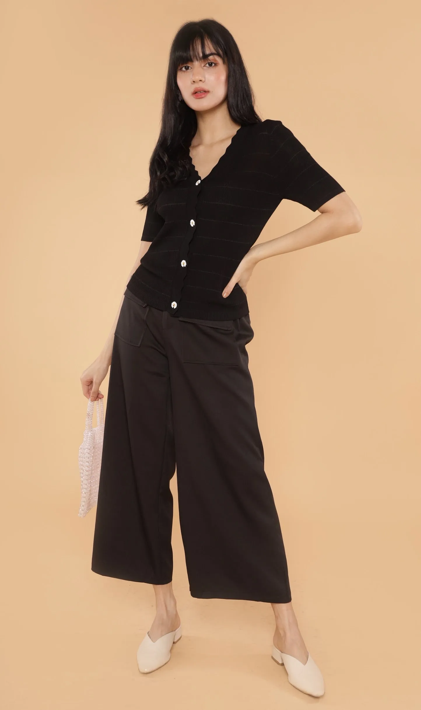 ZARIA Scalloped-Neck Knit Top (Black)