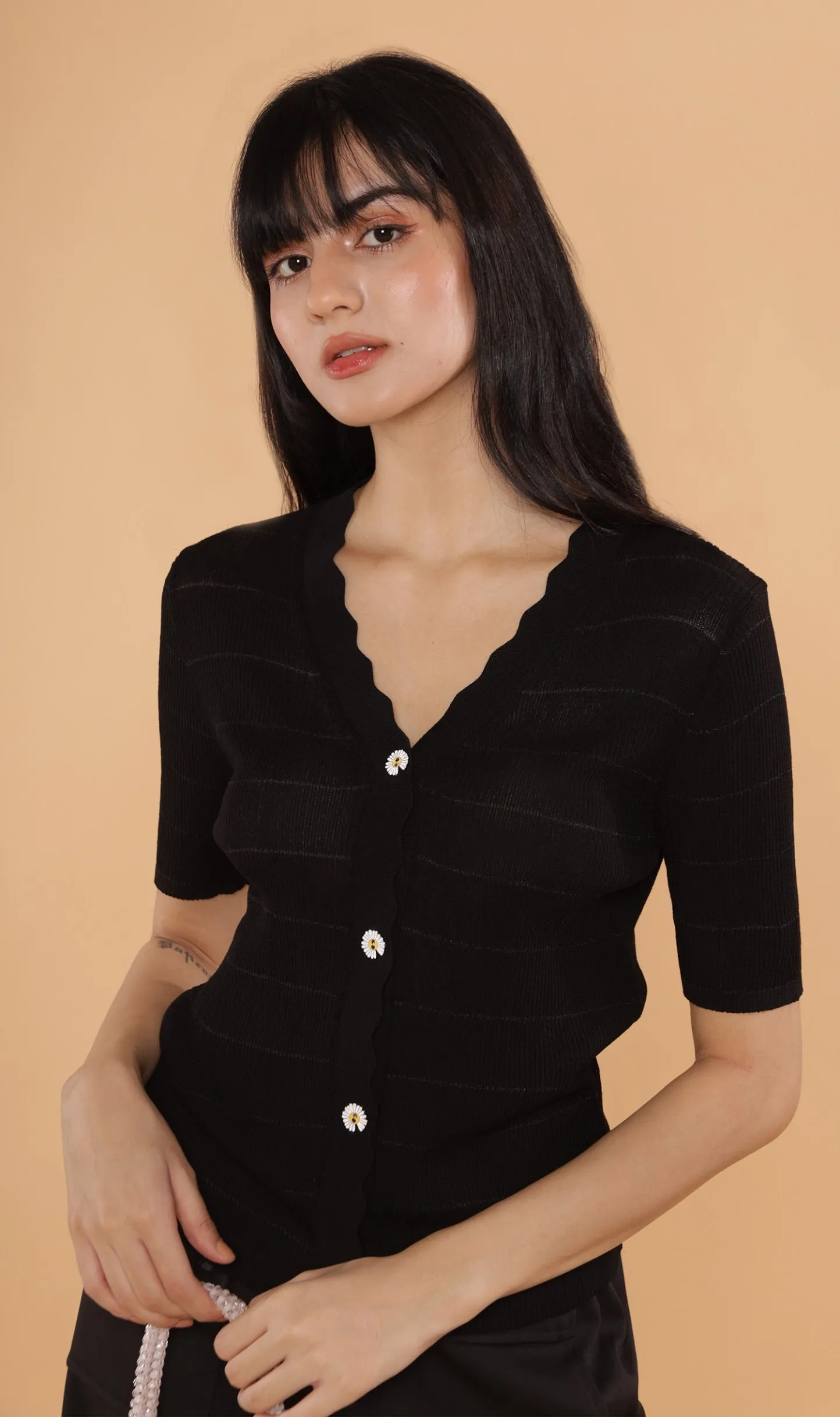 ZARIA Scalloped-Neck Knit Top (Black)