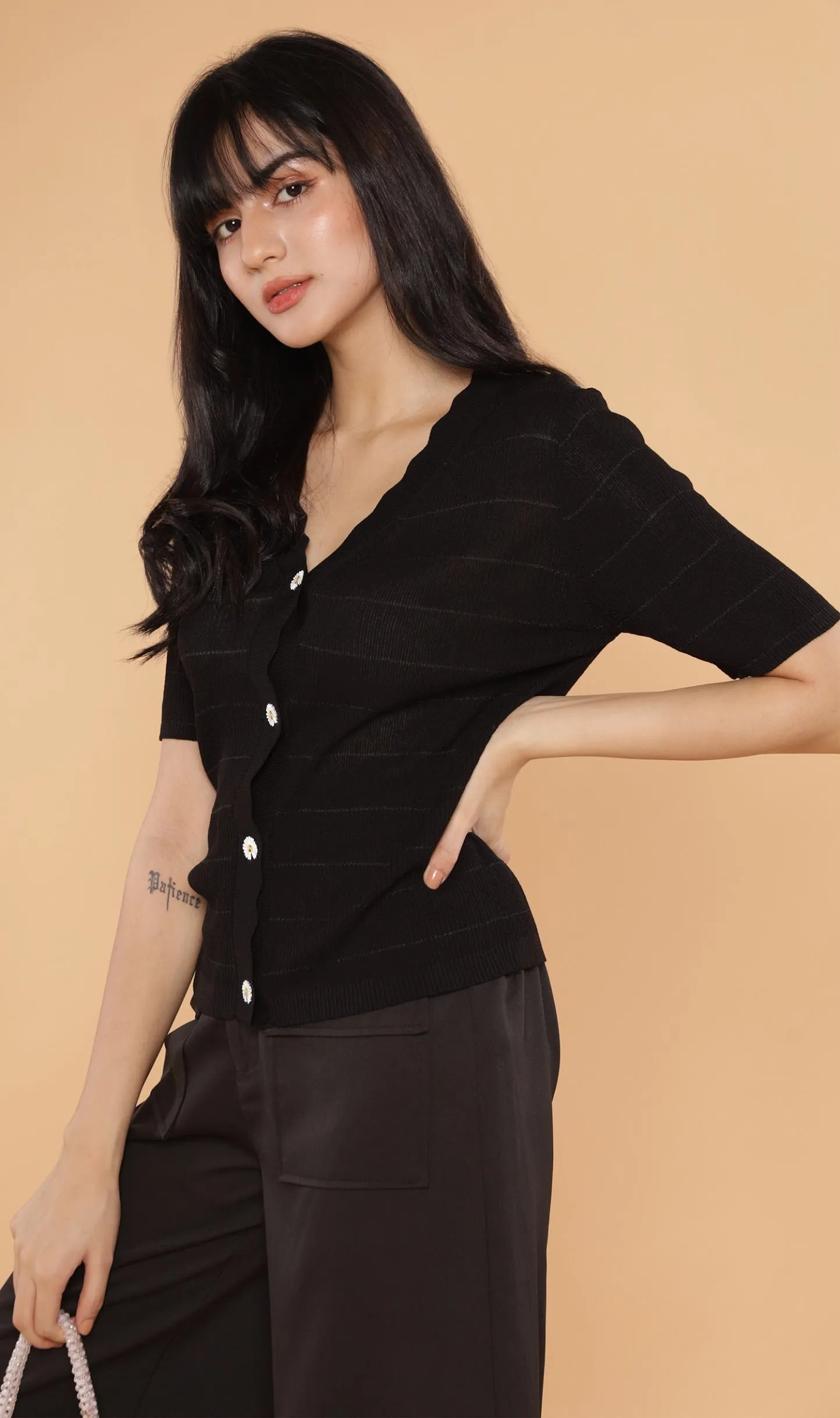 ZARIA Scalloped-Neck Knit Top (Black)